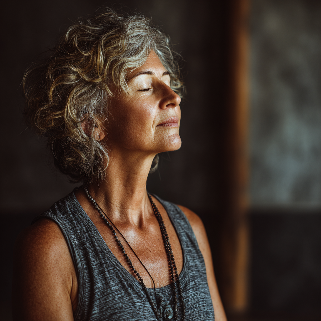 mature woman practicing mindful yoga in peaceful studio environment