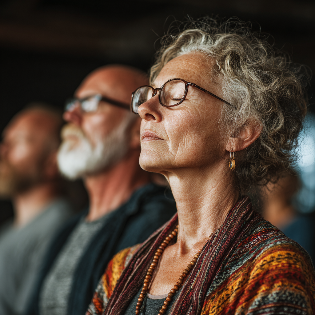 senior adults enjoying gentle yoga session with focus on breathing and relaxation